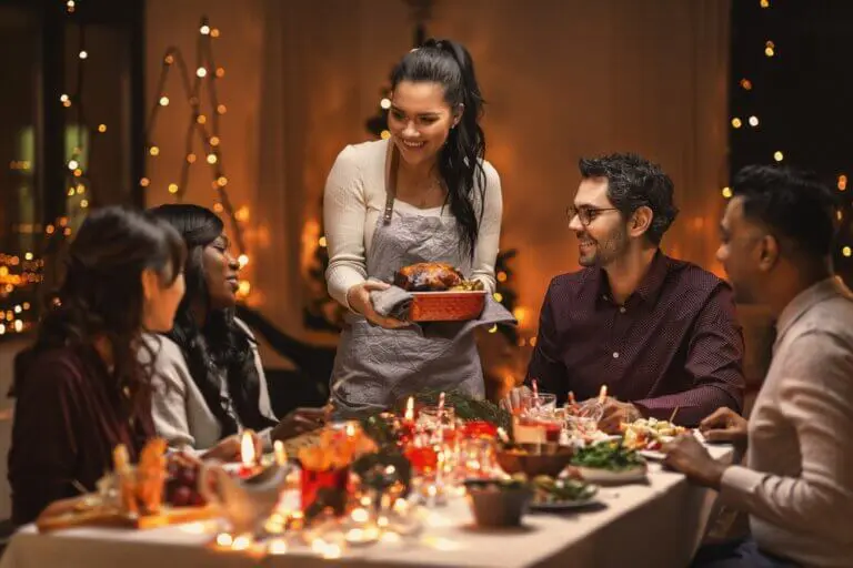 Diverse group of friends having a holiday dinner.