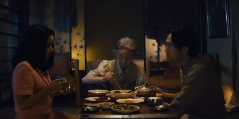 Anna Sawai, Yuh-Jung Youn and Jin Ha eating dinner in "Pachinko,"
