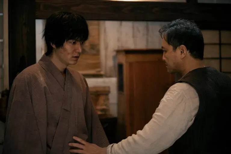 Lee Minho and Woong In Jung in “Pachinko,”  wearing 19th century Japanese clothing.