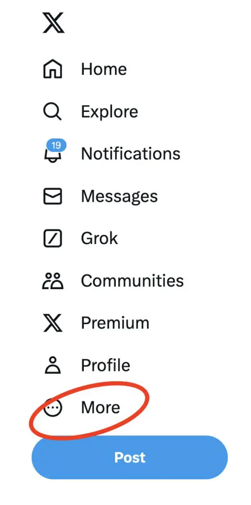 Screenshot of Twitter/X's sidebar. A red circle surrounds the "more" section.