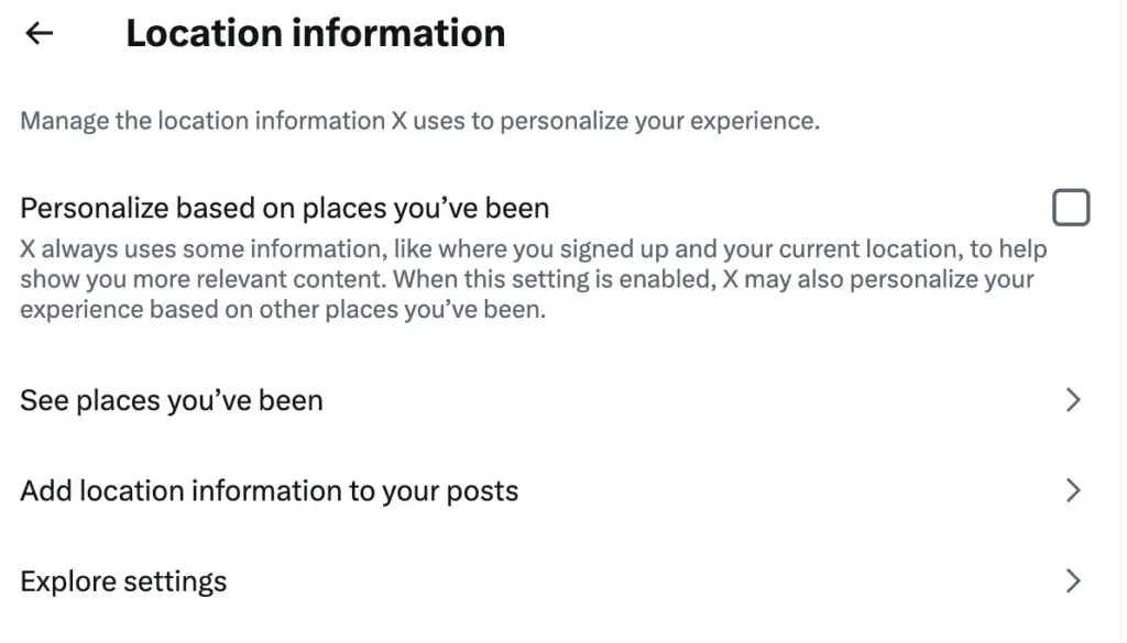 Screenshot of Twitter/X's location information policies.