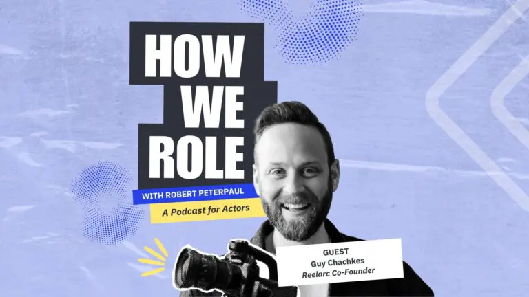 Collage of producer/Reelarc co-founder Guy Chavhkes, a video camera and the How We Role podcast logo on a light blue backdrop.
