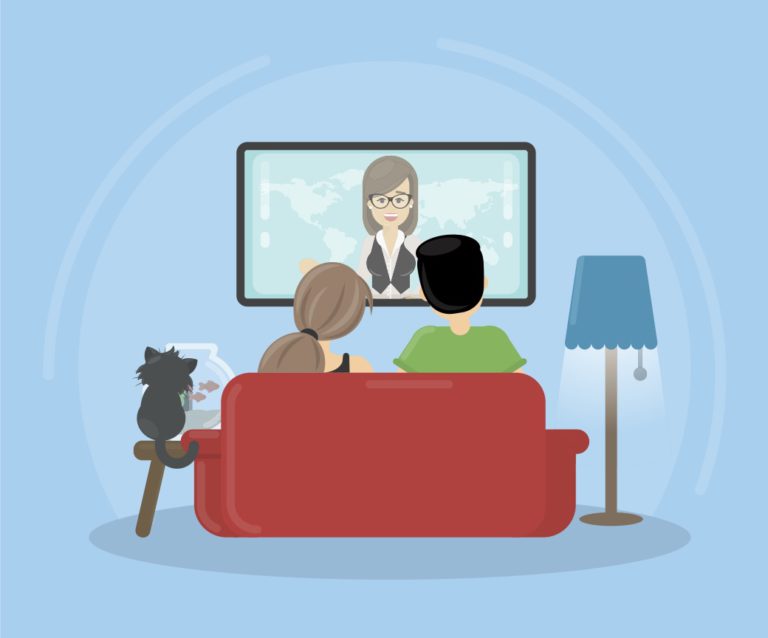Drawing of two people enjoying a television show premiering in April.