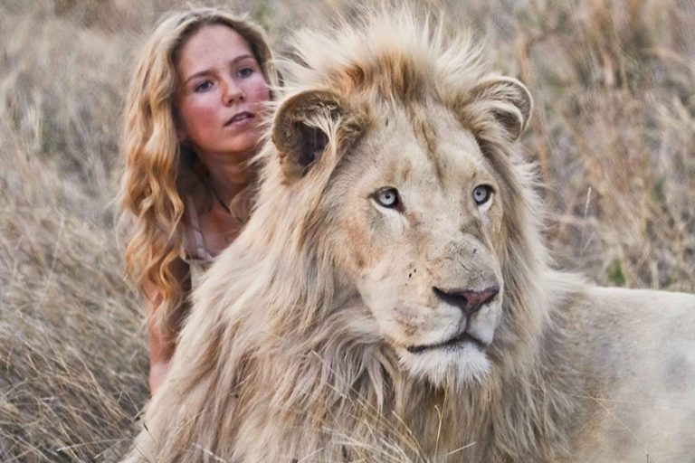 Daniah De Villiers and her co-star - a real-life lion - from 'Mia and the White Lion.'