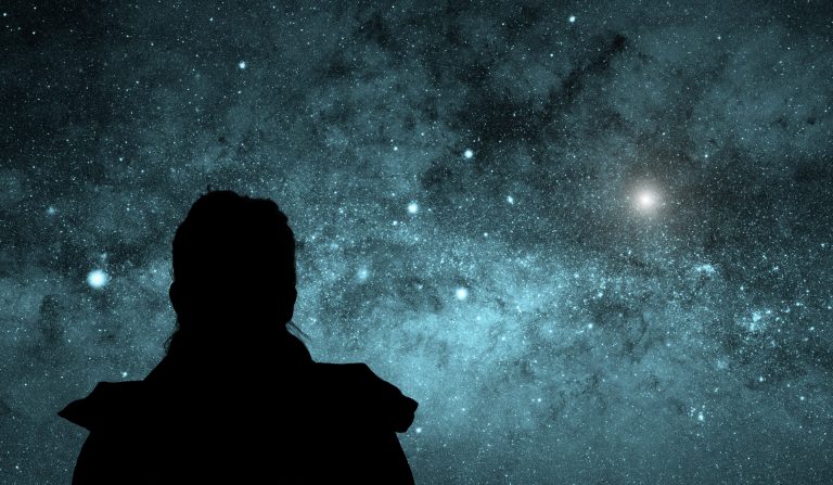 Girl watching the stars. Stars are digital illustration.