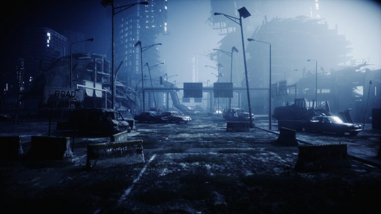 Apocalypse city, similar to that in HBO's "DMZ," in fog.