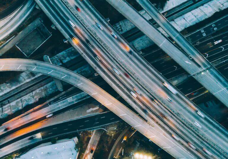 Aerial view of highway traffic. Some drivers are actors rushing to auditions casting in LA this week.
