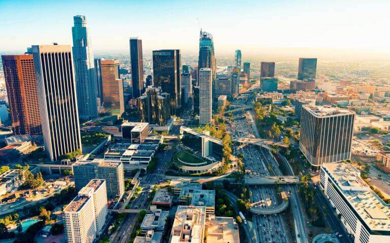 Aerial view of a Downtown Los Angeles at sunset