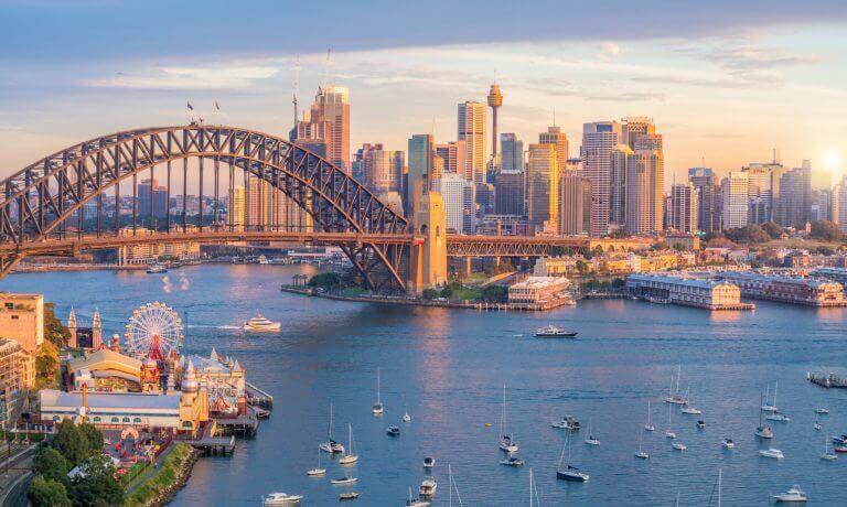 Downtown Sydney skyline in Australia from top view at twilight