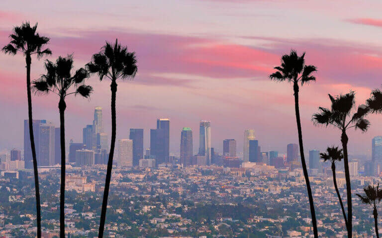 Beautiful sunset of Los Angeles downtown skyline in CA, USA