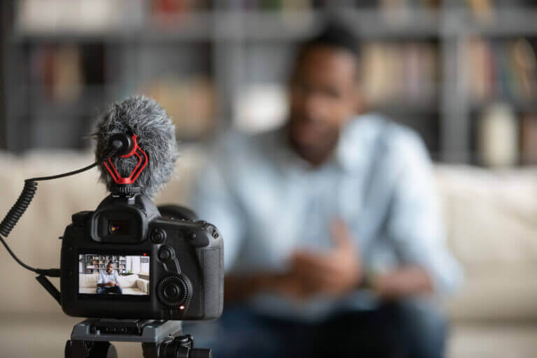 An actor recording his self tape at the moment before his pre-beats pop.