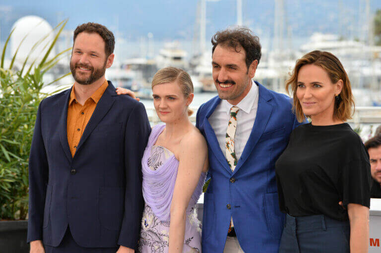 Kyle Marvin, a producer who's on the verge, with Gayle Rankin, Michael Angelo Covino & Judith Godreche at the photocall for the "The Climb" at the 72nd Festival de Cannes.