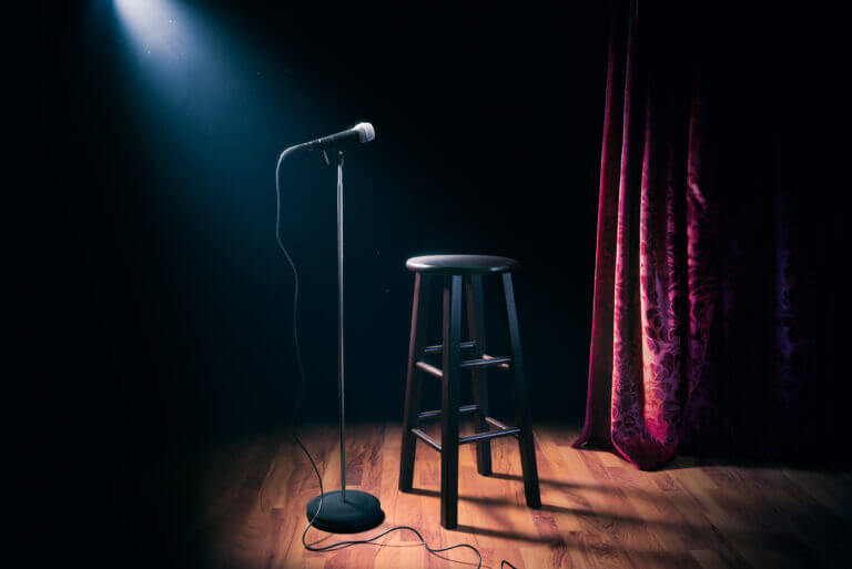 A stage set for a comedy open mic night. Plenty of comics are looking for tips to sharpen their skills and best bits.