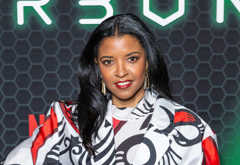 Renee Elise Goldsberry wearing dress & shoes by Pyer Moss is looking her first Emmy win - which would earn her a coveted EGOT.