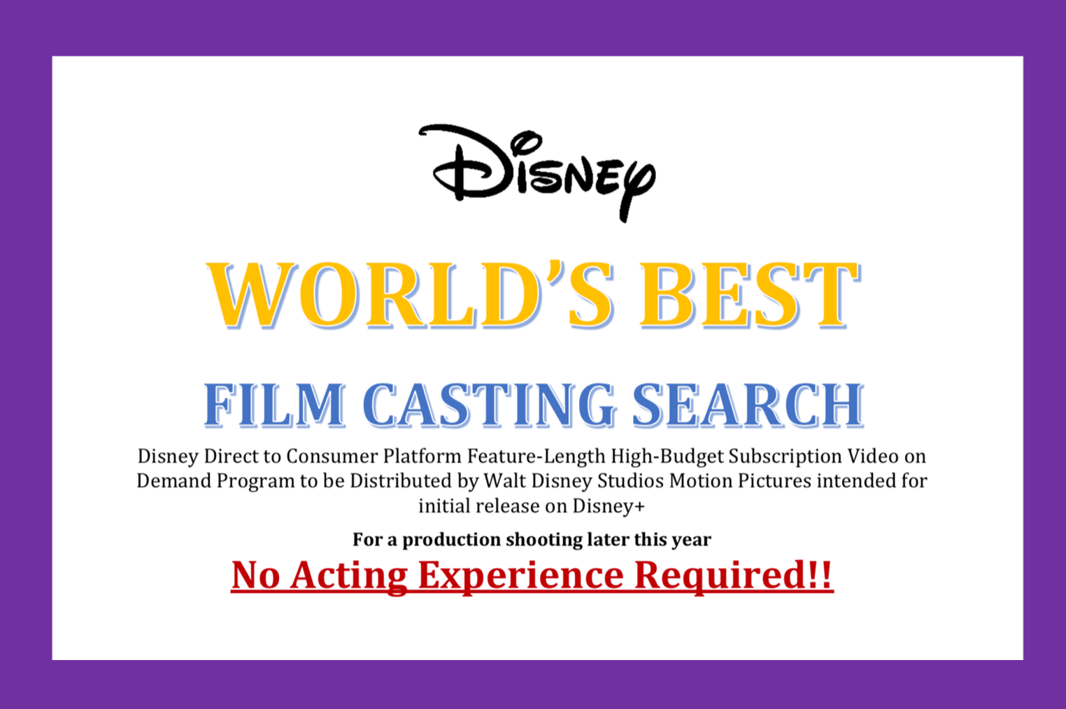 Disney Auditions Talent Search Launched for Film 