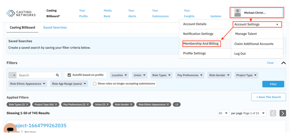 Screenshot of Casting Networks backup payment method feature.