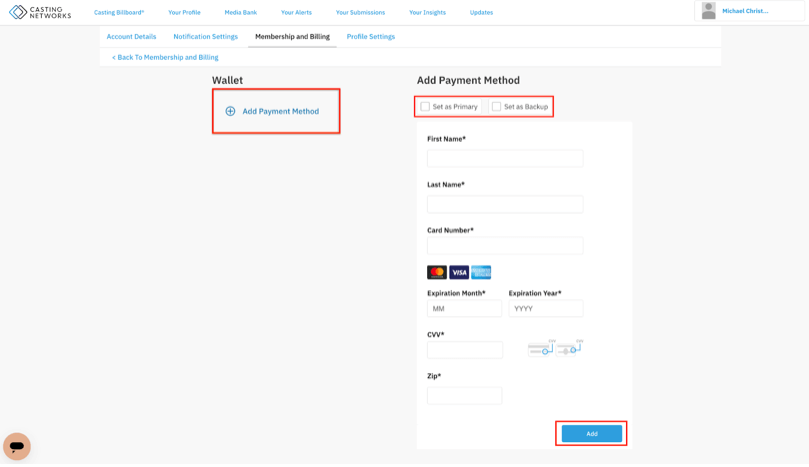 Screenshot of Casting Networks backup payment method feature.