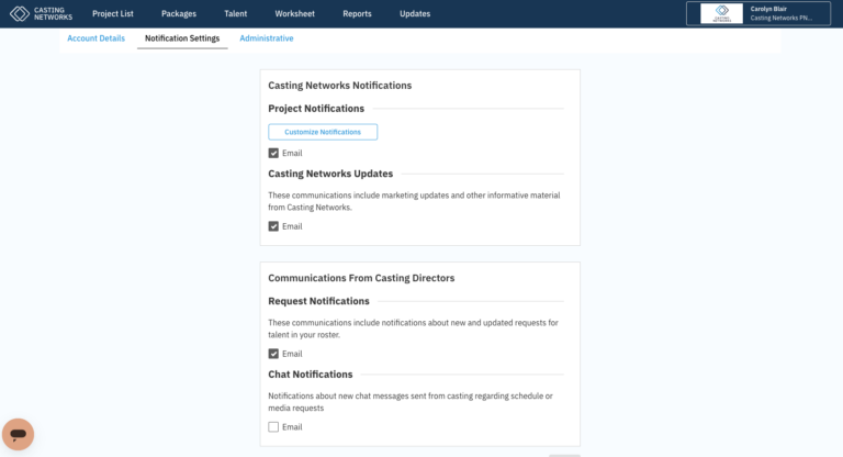 screenshot of how Casting Networks' talent representatives can turn on their email chat notifications.