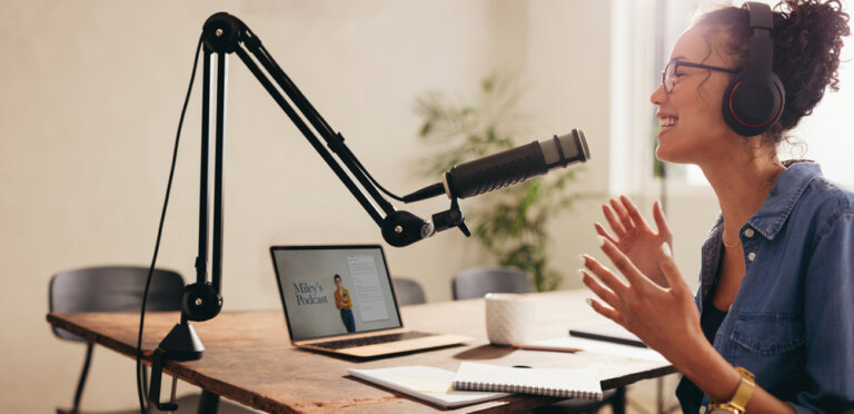 An actress recording her podcast, where she gives advice to other actors.
