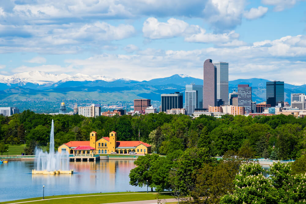 Denver, Colorado skyline with City Park on a sunny day.