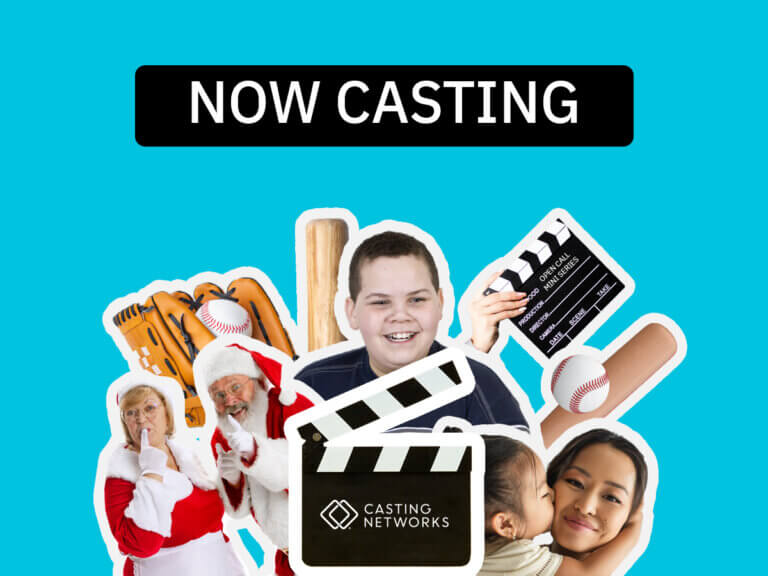 A Now Casting banner over a colleciton of actors dressed as Santa and Mrs. Clause, a mother and baby, and a husky kid surrounded by baseball gloves, bats and balls.
