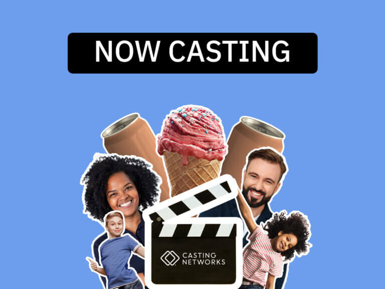 A casting calls banner featuring several actors posing front of an ice cream cone and beverage cans.