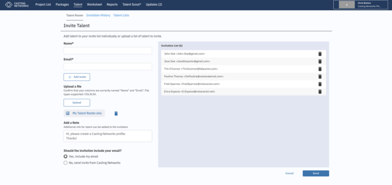 A screenshot of the Casting Networks Bulk Uploads feature for talent representatives.
