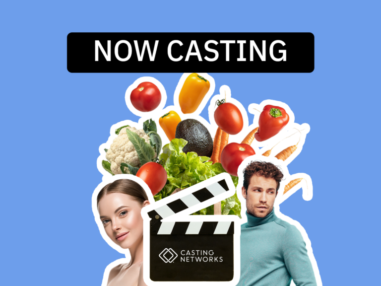 A collage of fruits and vegetables behind a man and a woman.