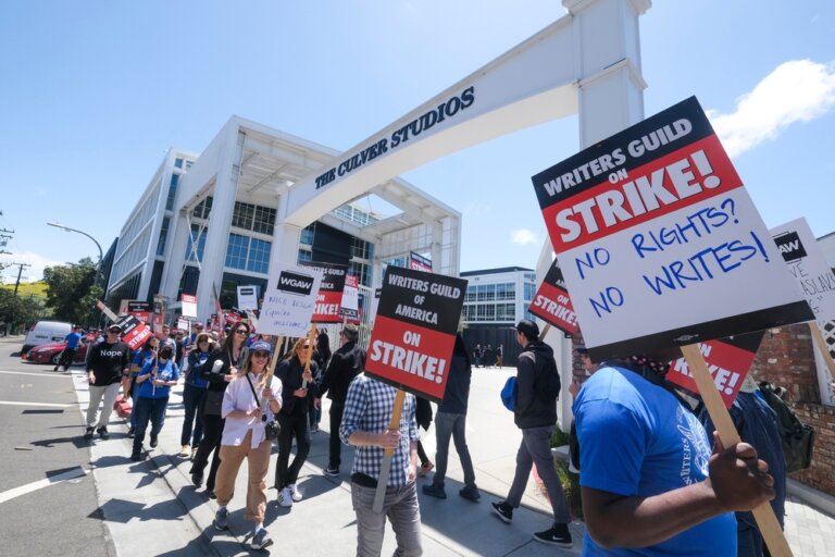 WGA writers picketing outside the Culver Studio.