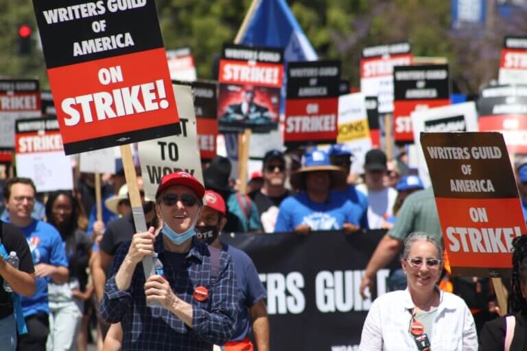 WGA members on the picket line striking in Los Angeles, California.