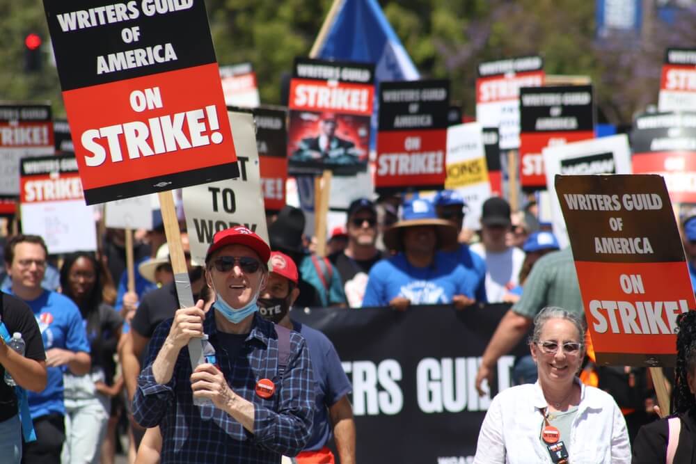 WGA members on the picket line striking in Los Angeles, California.