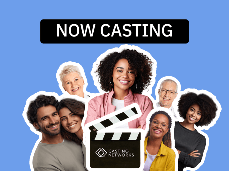Diverse actors and families behind a clapper.