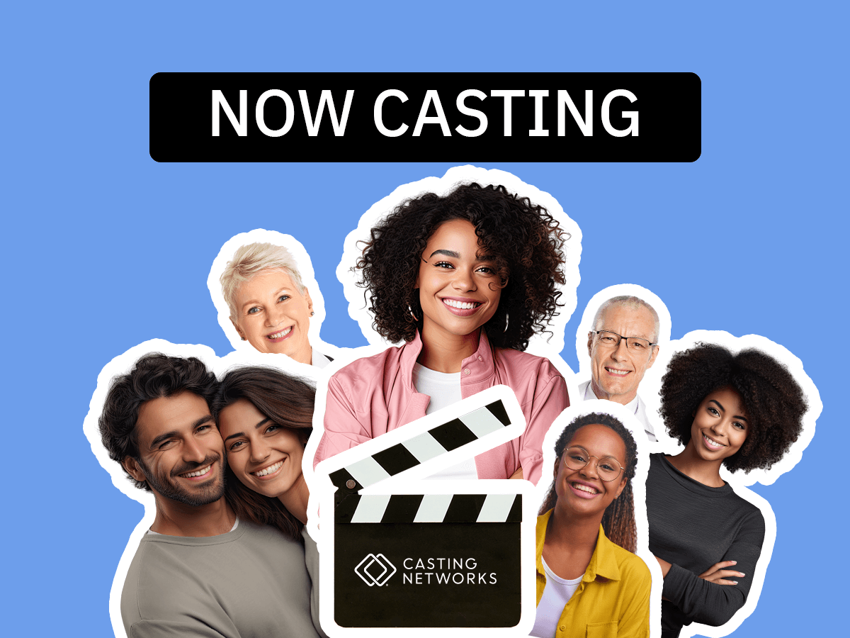 Diverse actors and families behind a clapper.