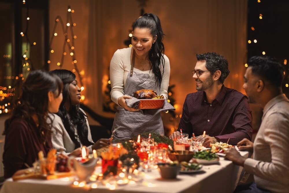 Diverse group of friends having a holiday dinner.