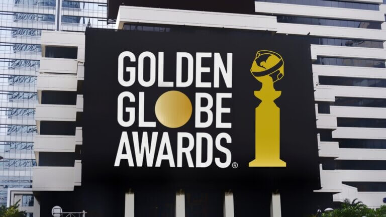 Golden Globe Awards sign on a billboard outside.