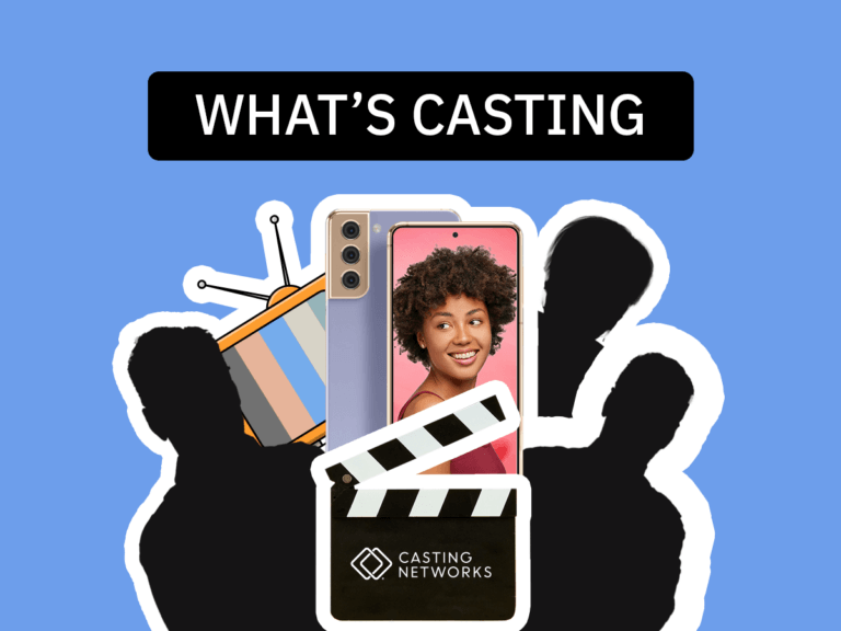 Three mystery actors in a cutout style collage with a TV and phones with a picture of a young African American woman behind a slate.