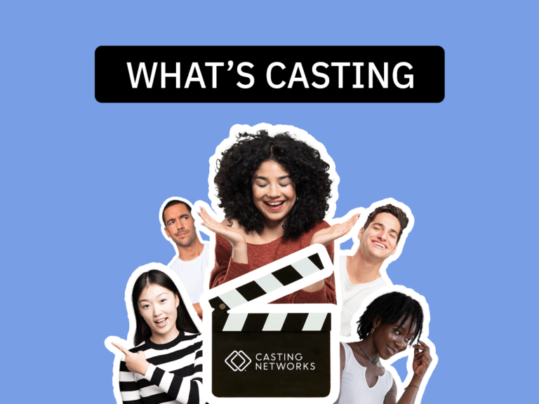 Collage style collection of diverse actors in front of a blue background.