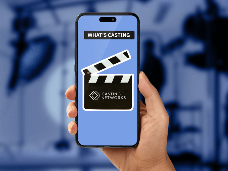 Smartphone opening a Casting Networks app in front of a blue production set.