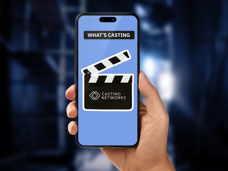 Phone with a screen opening up a blue Casting Networks app in font of a dark blue set.