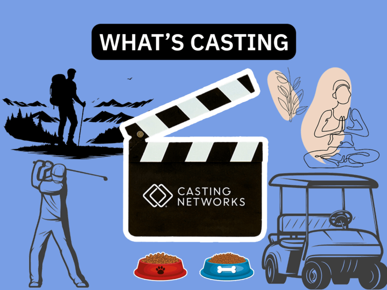 Stencil drawings of a hiker, golfer and cart, yogi and pet food bowls behind a clapper.