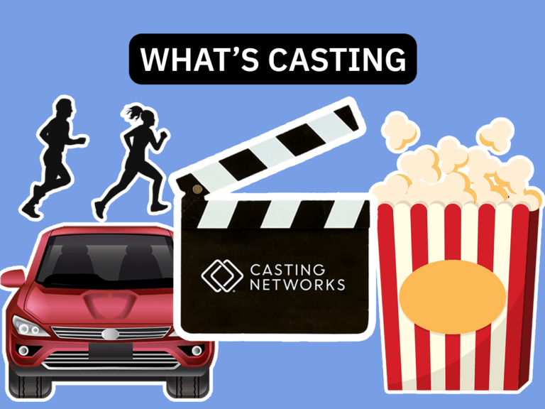 Silhouette of joggers, a red car and a bucket of popcorn behind a slate.