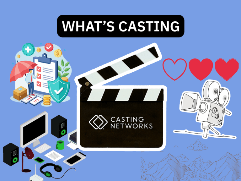 Collage containing drawings of hearts, camera, mountain range, insurance chart, digital recording station and Casting Networks clapper.