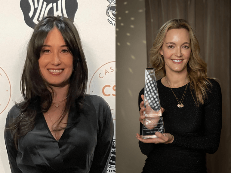 Chelsea Ellis Bloch and Marisol Roncali smiling at a red carpet event and holding an award.