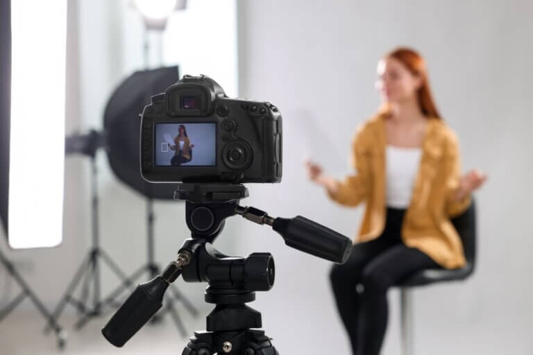 Actress at home filming a self tape audition.