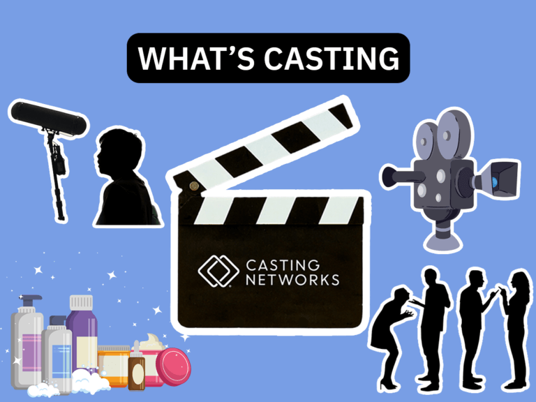 Drawings of a movie camera, bottles of skincare products and silhouettes of actors laughing and chatting and a boom microphone.