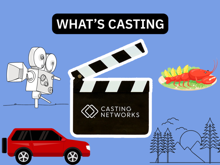 Doodles of a video camera, lobster dish, mountain range and a red car next to a Casting Networks clapper.