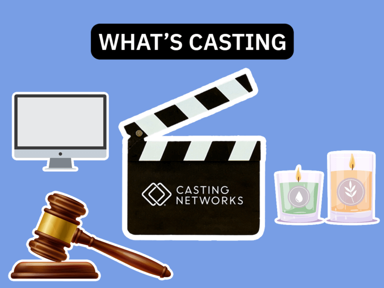 Drawings of a gavel, candles, a slate for Casting Networks and a computer.
