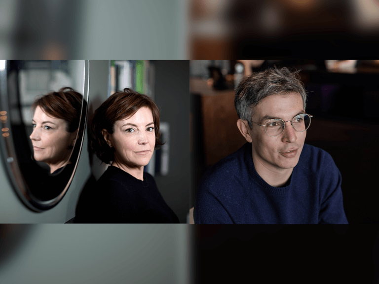 Casting Director Nina Gold and Casting Associate Martin Ware in collage-style photo with grey and brown backgrounds. Mirror reflecting Gold.