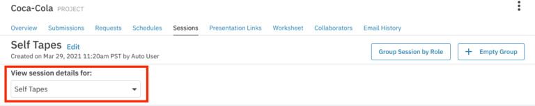 Casting Networks client backend for a project, highlighting session details.