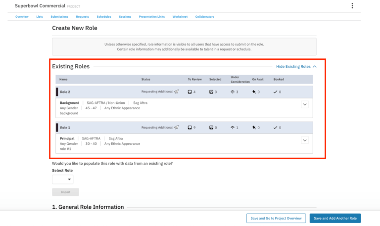 screenshot of Casting Networks backend for all roles in a superbowl project.